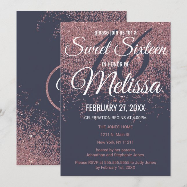 Rose Gold Glitter Sparkles Navy Blue Sweet 16 Invitation (Front/Back)