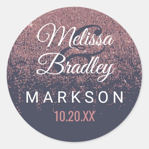 Rose Gold Glitter Sparkles Navy Blue Wedding Classic Round Sticker