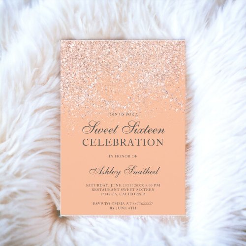 Rose gold glitter sparkles peach sweet sixteen invitation