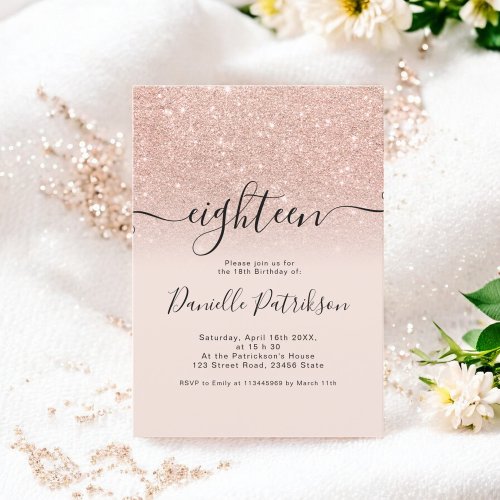 Rose gold glitter sparkles pink ombre eighteen invitation