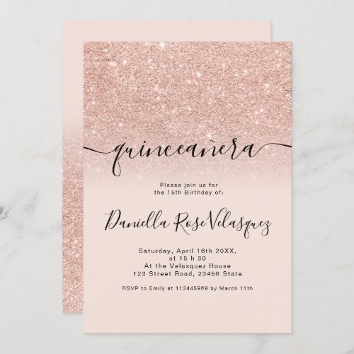 Rose gold glitter sparkles pink ombre quinceanera invitation