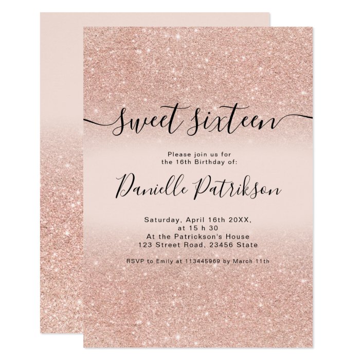 Rose gold glitter sparkles pink ombre sweet 16 invitation | Zazzle.com