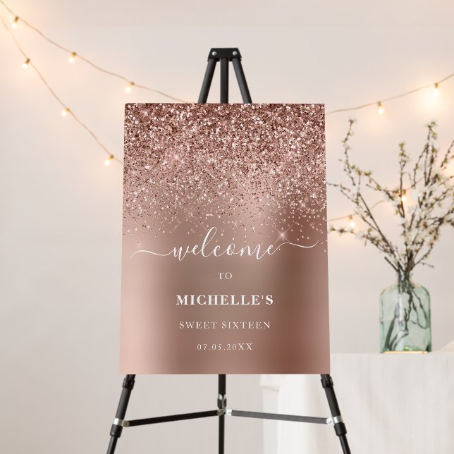 Rose Gold Glitter Sparkles Sweet 16 Name Welcome Foam Board (In Situ (Stand))