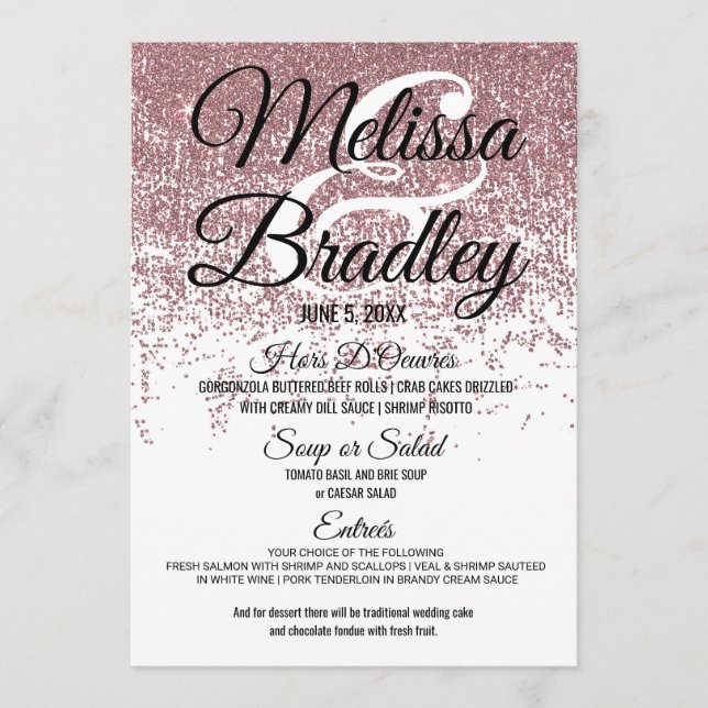 Rose Gold Glitter Sparkles White Wedding Menu (Front)