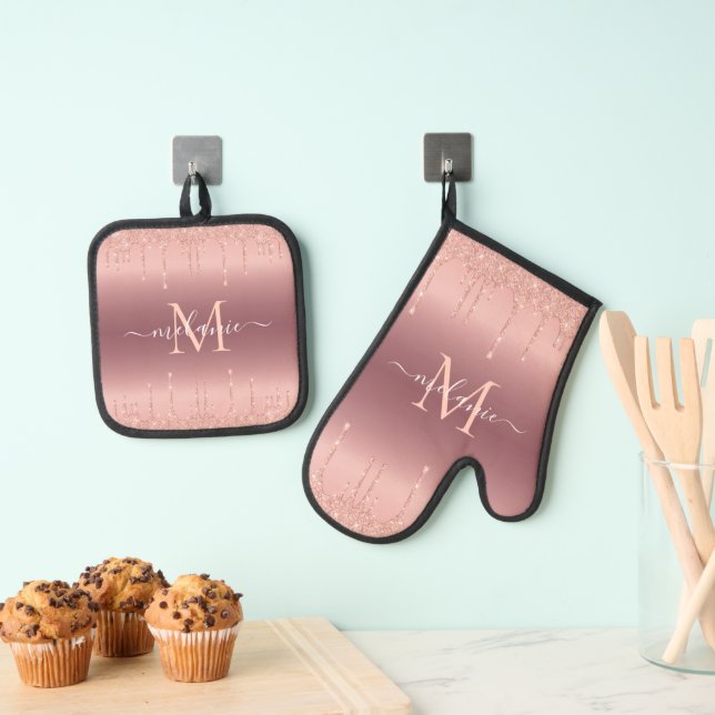 Rose Gold Glitter Sparkly Custom Letter Your Name Oven Mitt & Pot Holder Set (Insitu(Hanging))