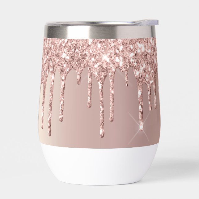 Rose Gold Glitter Sparkly Drips Thermal Wine Tumbler (Left)