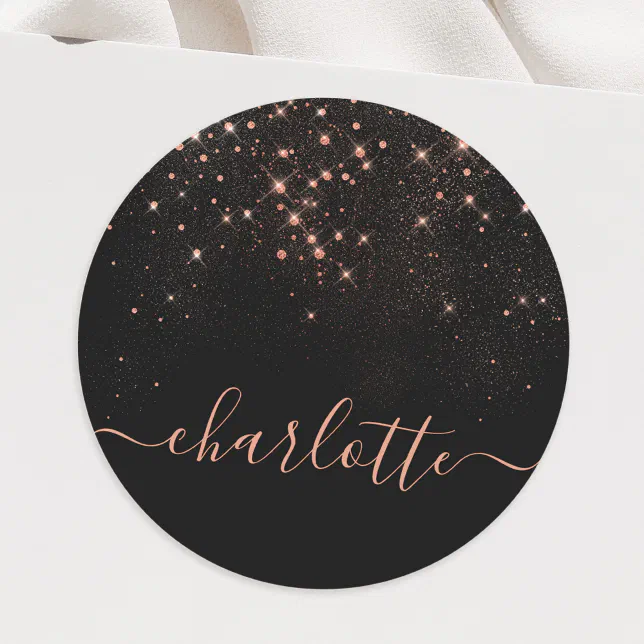Rose Gold Glitter Sparkly Elegant Glamorous Script Classic Round ...
