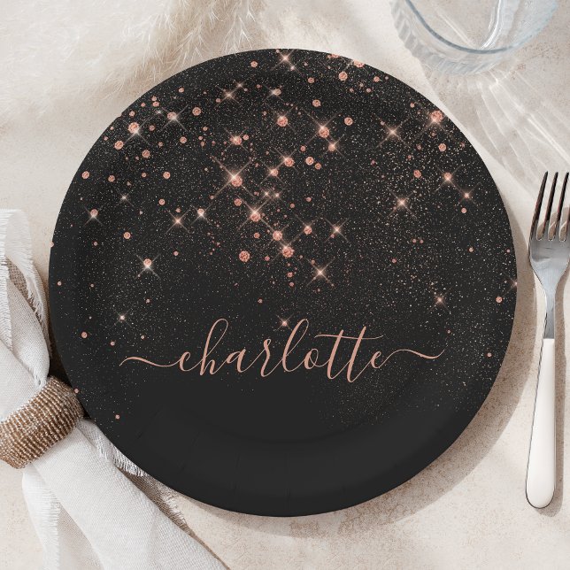 Rose Gold Glitter Sparkly Elegant Glamorous Script Paper Plates (Creator Uploaded)