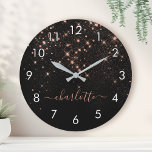 Rose Gold Glitter Sparkly Elegant Glamorous Script Round Clock<br><div class="desc">Create your own personalized black and rose gold diamond sparkle large clock with your custom modern handwritten script name.</div>
