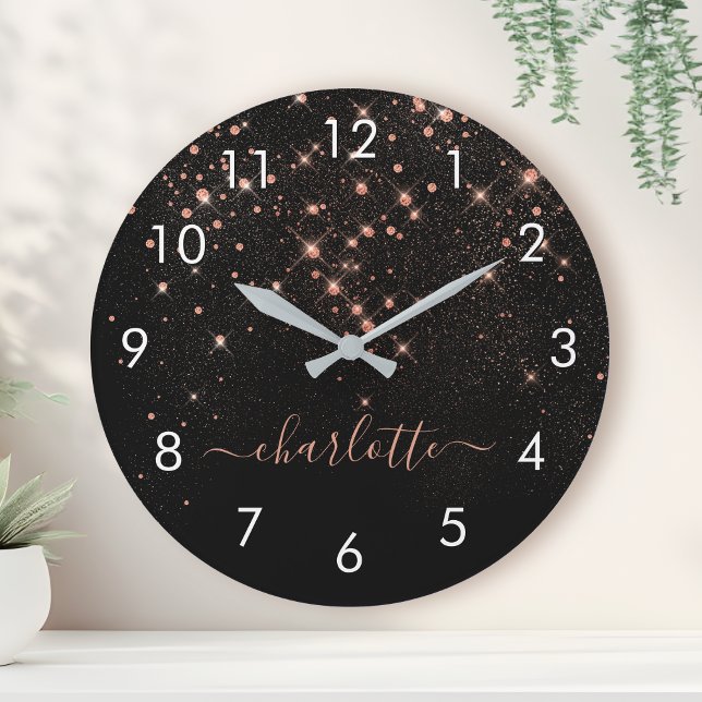 Rose Gold Glitter Sparkly Elegant Glamorous Script Round Clock (Creator Uploaded)