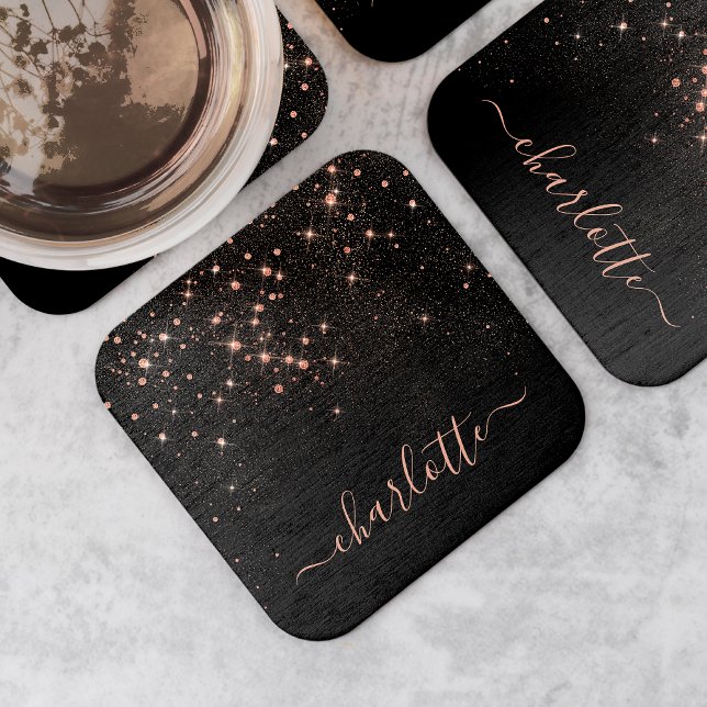 Rose Gold Glitter Sparkly Elegant Glamorous Script Square Paper Coaster (Creator Uploaded)
