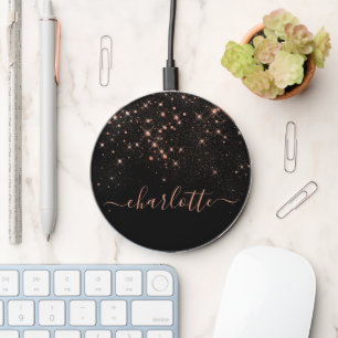 Rose Gold Glitter Sparkly Elegant Glamorous Script Wireless Charger