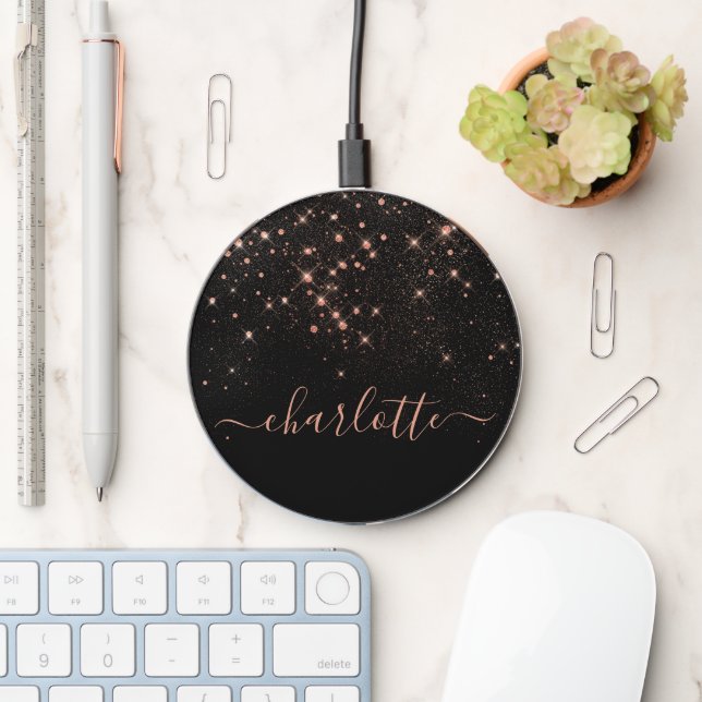 Rose Gold Glitter Sparkly Elegant Glamorous Script Wireless Charger (Desk)