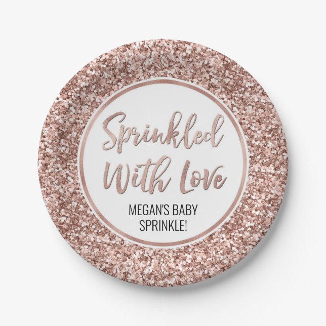 Rose Gold Glitter Sprinkled with Love Paper Plates (Front)