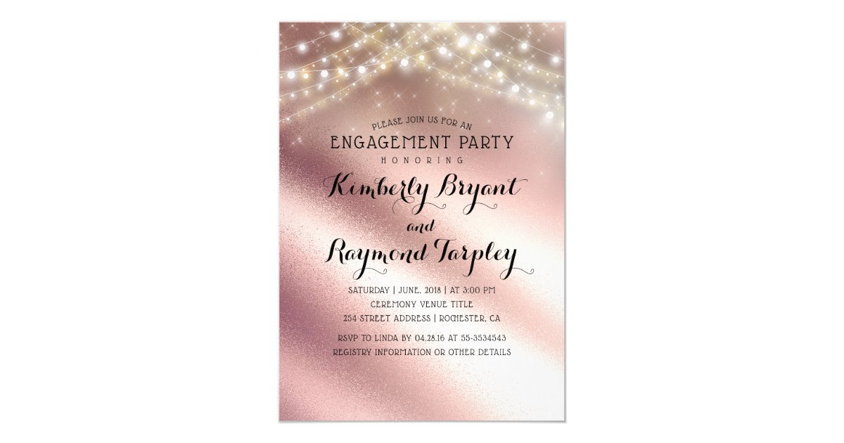 Rose Gold Glitter Sring Lights Engagement Party Invitation