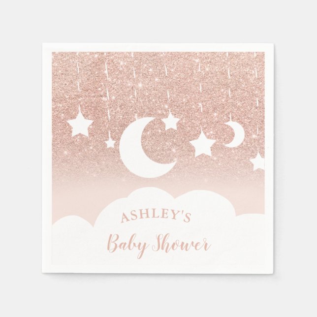 Rose gold glitter star moon cloud baby shower napkins (Front)