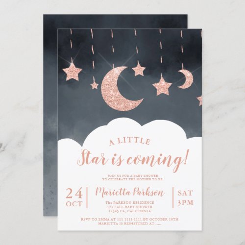 Rose gold glitter star moon cloud gray baby shower invitation