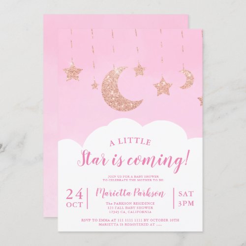 Rose gold glitter star moon cloud pink baby shower invitation
