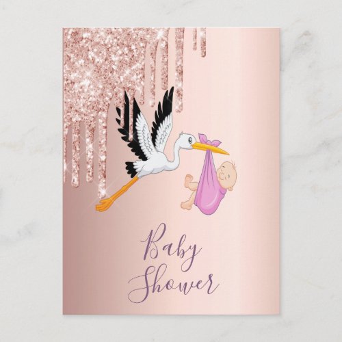 Rose gold glitter stork baby shower invitation postcard