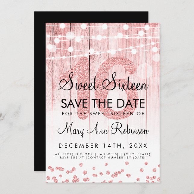 Rose Gold Glitter String Lights Sweet 16 Save Date Invitation (Front/Back)