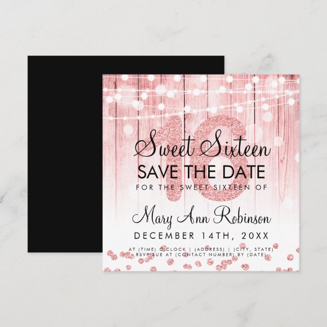 Rose Gold Glitter String Lights Sweet 16 Save Date Invitation (Front/Back)