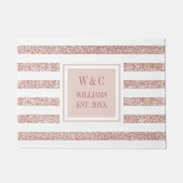 Rose Gold Glitter Stripe Monogram Family Name Doormat (Front)
