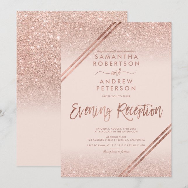 Rose gold glitter stripes blush pink wedding invitation (Front/Back)