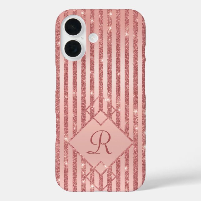 Rose Gold Glitter Stripes Glam Monogram Chic Case-Mate iPhone Case (Back)