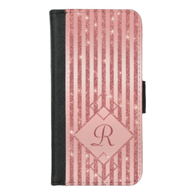 Rose Gold Glitter Stripes Monogram Glam Girly iPhone Wallet Case (Front)