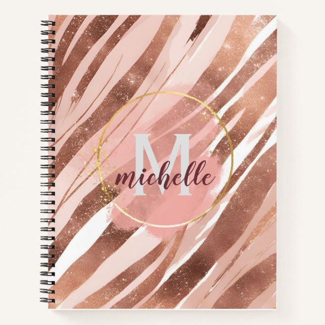 Rose Gold Glitter Stripes Monogram Notebook (Front)