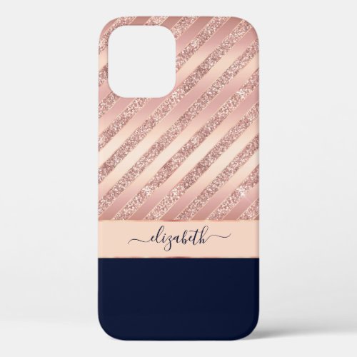Rose Gold Glitter Stripes Navy Glam Personalized iPhone 12 Case