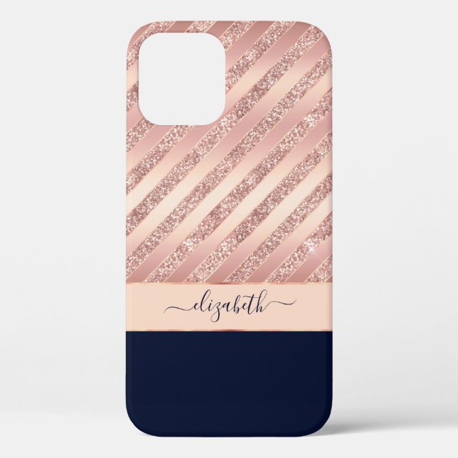 Rose Gold Glitter Stripes Navy Glam Personalized Case-Mate iPhone Case (Back)
