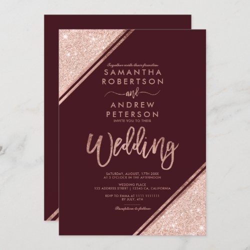 Rose gold glitter stripes script burgundy wedding invitation
