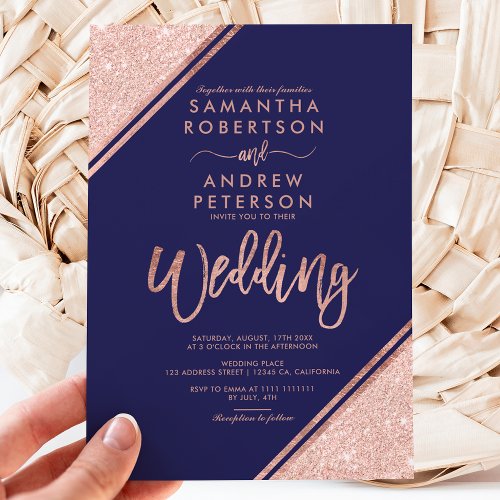 Rose gold glitter stripes script navy blue wedding invitation