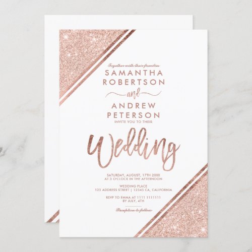 Rose gold glitter stripes script white wedding invitation
