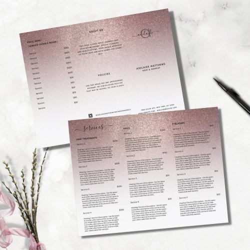 Rose Gold Glitter Stylist Price List Service Menu