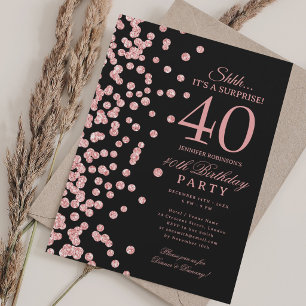 Rose Gold Glitter Surprise 40th Birthday Black Invitation