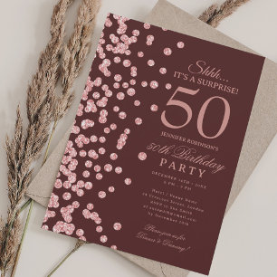Rose Gold Glitter Surprise 50th Birthday Burgundy Invitation