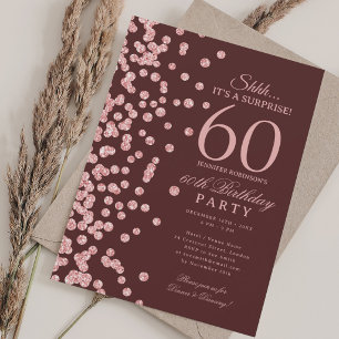 Rose Gold Glitter Surprise 60th Birthday Burgundy  Invitation