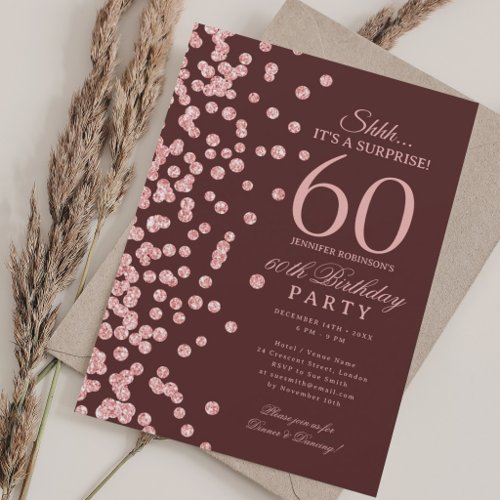 Rose Gold Glitter Surprise 60th Birthday Burgundy  Invitation