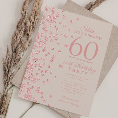 Rose Gold Glitter Surprise 60th Birthday Champagne Invitation