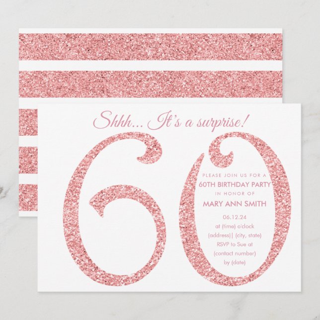 Rose Gold Glitter Surprise 60th Birthday Invitation (Front/Back)