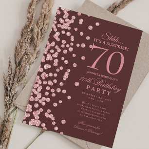 Rose Gold Glitter Surprise 70th Birthday Burgundy Invitation