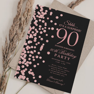 Rose Gold Glitter Surprise 90th Birthday Black Invitation