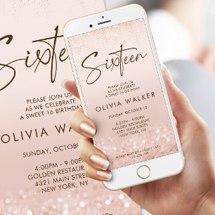 Rose Gold Glitter Sweet 16 Birthday Mobile Invite
