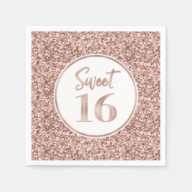 Rose Gold Glitter Sweet 16 Birthday Napkins (Front)