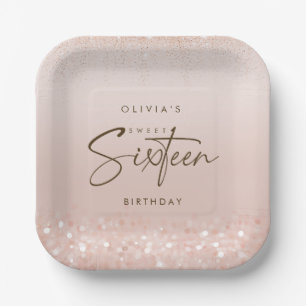 Rose Gold Glitter Sweet 16 Birthday Party Paper Plates