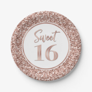 Rose Gold Glitter Sweet 16 Birthday Party Paper Plates