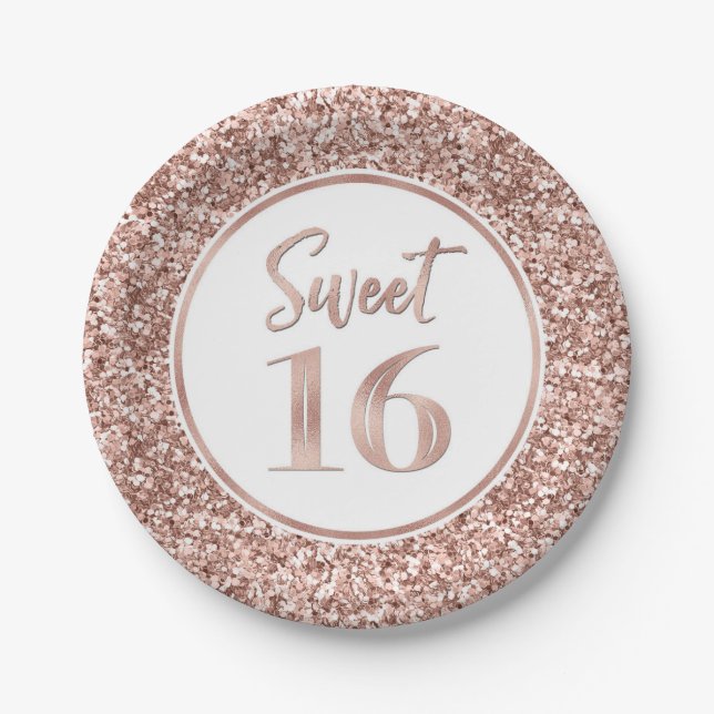 Rose Gold Glitter Sweet 16 Birthday Party Paper Plates (Front)