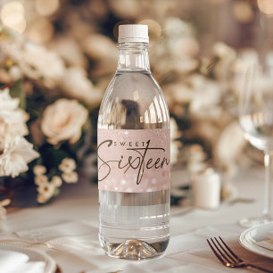 Rose Gold Glitter Sweet 16 Birthday Party Water Bottle Label